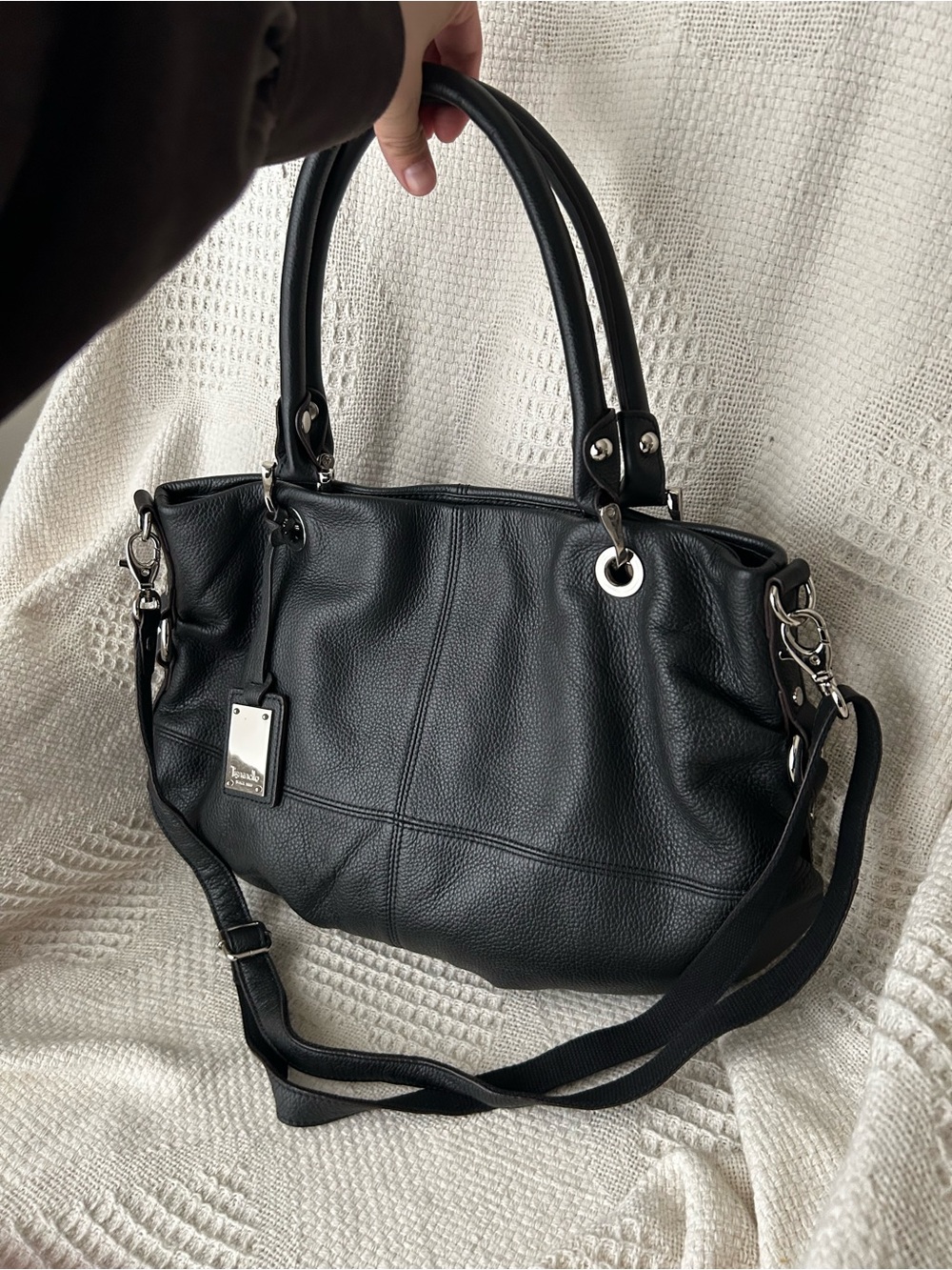 Tignanello Black Leather Tote Bag with Detachable Strap